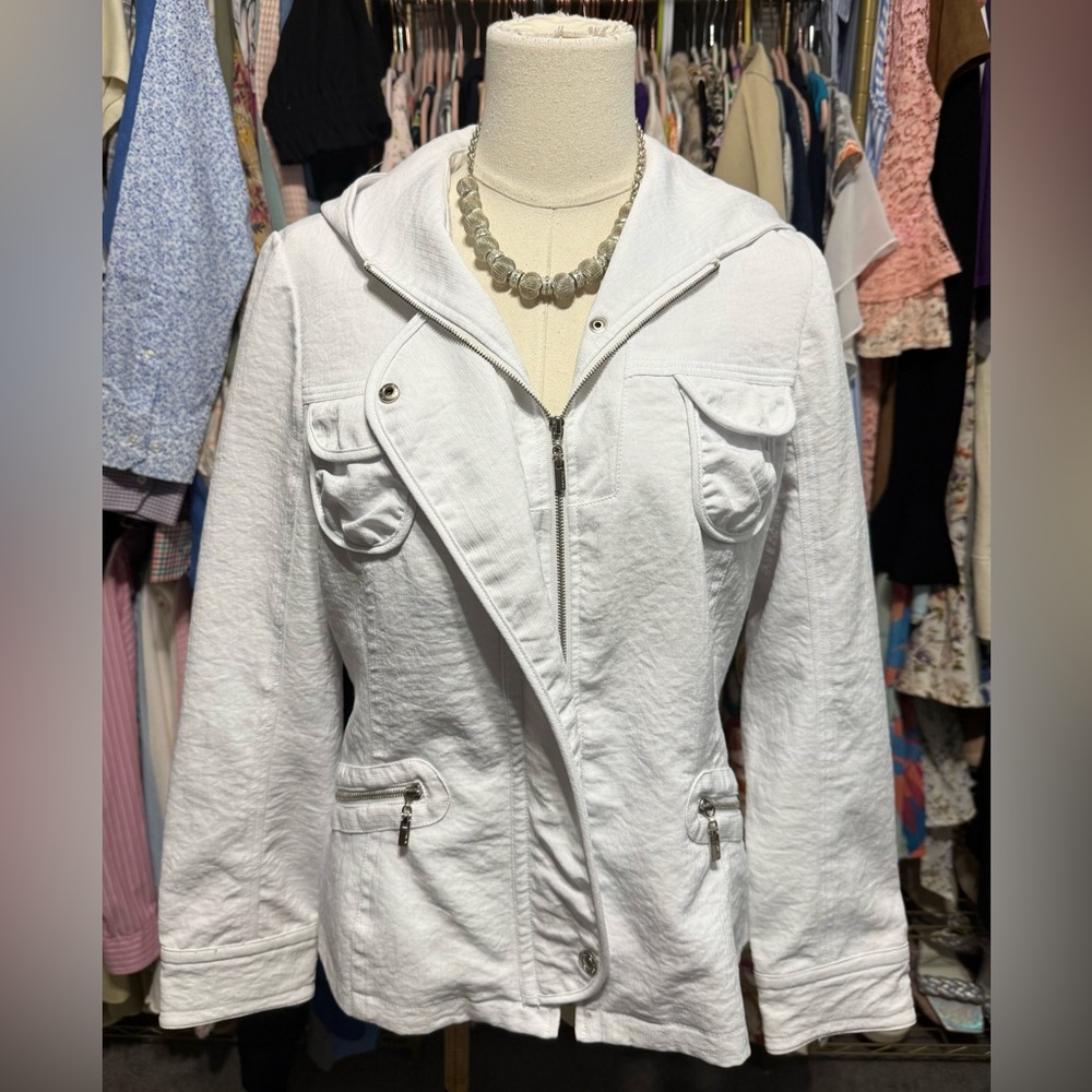 Phoebe Couture Textured White Utility Moto Jacket with Hood